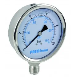 Manomètre glycérine tout inox vertical D100 0/10bar G1/2\'