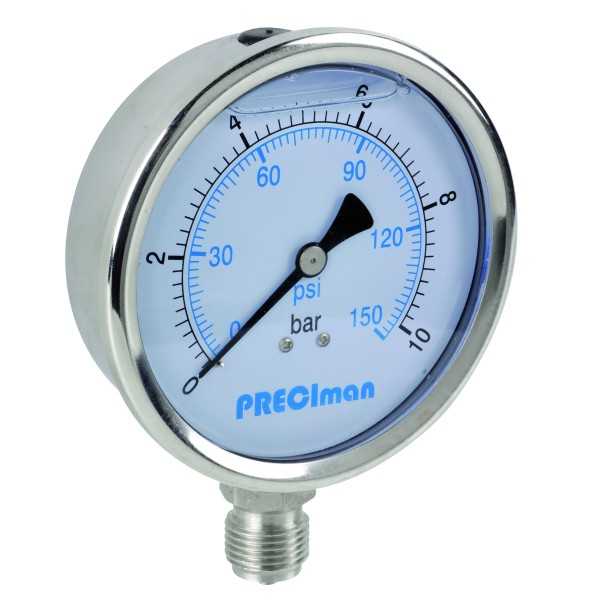 Manomètre glycérine tout inox vertical D100 0/10bar G1/2\'