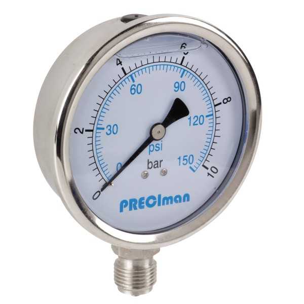 Manomètre glycérine tout inox vertical D100 0/2,5bar G1/2\'